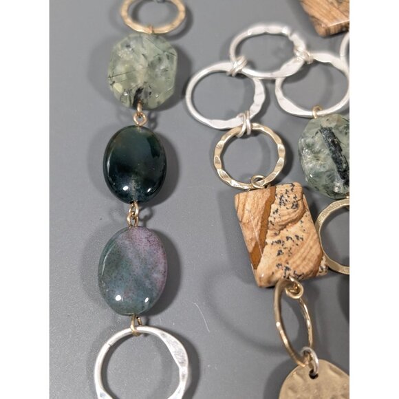 Boho Two Tone Hammered Rutliated Quartz Green Brown Jasper Stone Necklace 38" - Picture 4 of 8